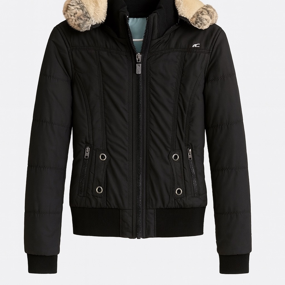 O'Neill Black Puffer Jacket with Faux Fur Trim